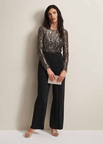 Phase Eight Mariah Sequin Fringe Wide Leg Jumpsuit Black Canada | OGUPMI-208